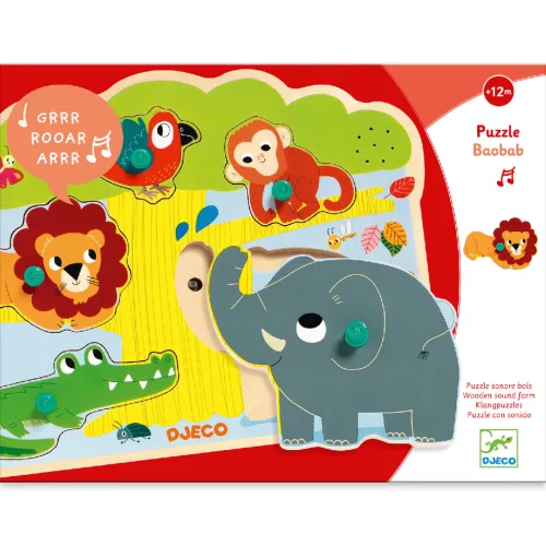 Djeco 1708 Formaillesztő, formaberakó - Felelgetős állatok kirakó - Sound Baobab
