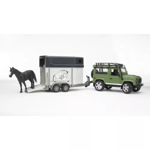 Bruder Land Rover Defender lószállítóval és lóval (02592)