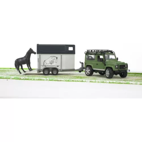 Bruder Land Rover Defender lószállítóval és lóval (02592)