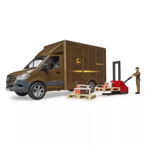 Bruder MB Sprinter UPS sofőrrel, nyitható ajtókkal és tartozékokkal (02678)
