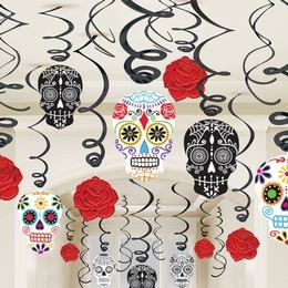 Black and Bone Színes Koponya - Sugar Skull Spirál Függő Dekoráció Halloweenre, 30 db-os