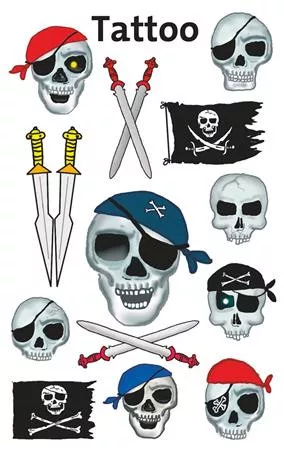 Matrica, tetoválás, 1 ív, 76x120 mm, AVERY ZWECKFORM, "Z-Design No.56632", kalóz halálfejek kardokkal