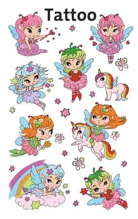 Matrica, tetoválás, 1 ív, 76x120 mm, AVERY ZWECKFORM, "Z-Design No.56768",  tündérlányok és unikornisok