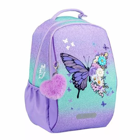 Iskolatáska, cipzáras, laptoptartóval, BELMIL "Companion Serenity", lila, pillangó