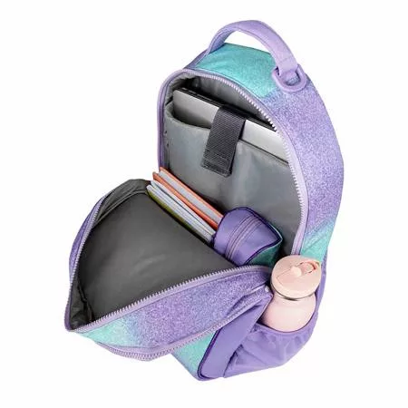 Iskolatáska, cipzáras, laptoptartóval, BELMIL "Companion Serenity", lila, pillangó