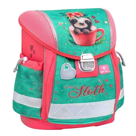 Iskolatáska, fémcsat, BELMIL "Classy Cute sloth", zöld-rózsaszín, lajhár