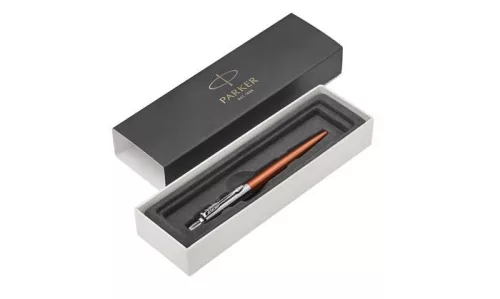 Golyóstoll, 0,7 mm, ezüst színű klip, Chelsea narancssárga tolltest, PARKER "Royal Jotter", kék