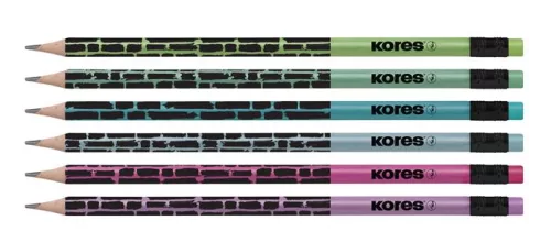 Grafitceruza radírral, HB, háromszögletű, KORES "Style Cracked", vegyes metál színek