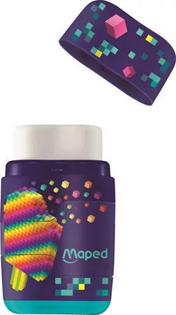 Hegyező és radír, kétlyukú, tartályos, pótradírral, MAPED "Pixel Party Connect"