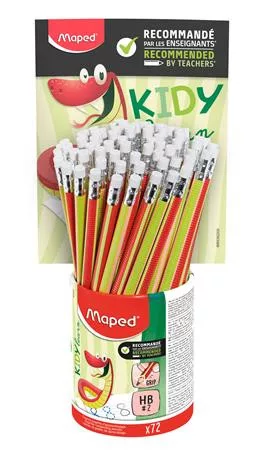 Írástanuló grafitceruza radírral, ceruzatartó, HB, háromszögletű, MAPED "Kidy Learn", 72 darab