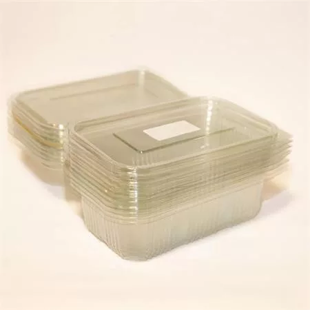 Ételtároló doboz, egybefedeles, újrahasznosított műanyag, szögletes, 1000 ml, 100 db, "Party", víztiszta