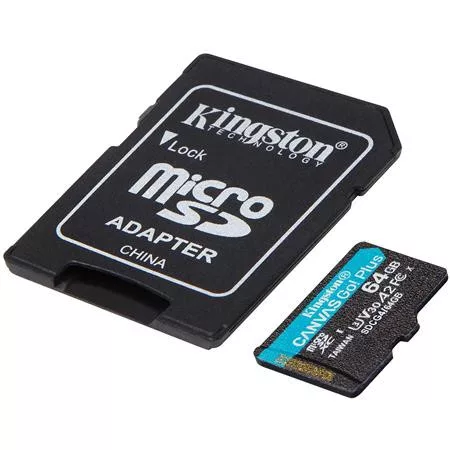 Memóriakártya, microSDXC, 64GB, C10/UHS-I/U3/V30/A2, Gen4, adapter, KINGSTON "Canvas Go! Plus"
