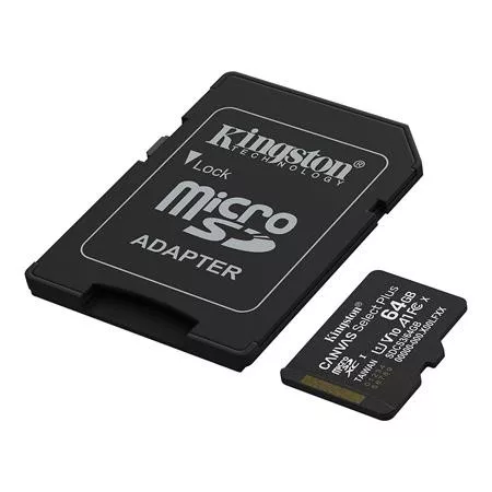 Memóriakártya, microSDXC, 64GB, C10/UHS-I/U1/V10/A1, Gen3, adapter, KINGSTON "Canvas Select Plus"