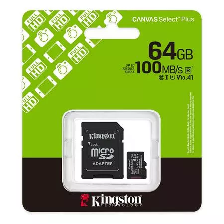Memóriakártya, microSDXC, 64GB, C10/UHS-I/U1/V10/A1, Gen3, adapter, KINGSTON "Canvas Select Plus"