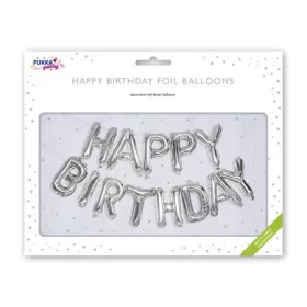   Léggömb, 40 cm, PUKKA PAD "Happy Birthday", ezüst