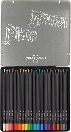 Színes ceruza készlet, háromszögletű, fémdobozban, FABER-CASTELL "Black Edition",  24 különböző szín