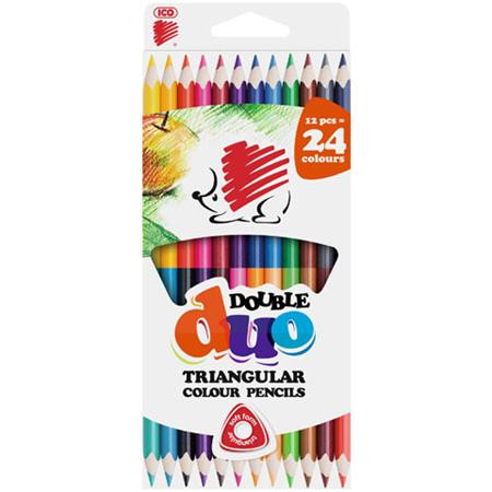 Színes ceruza készlet, kétvégű, háromszögletű, ICO "Süni", 24 különböző szín