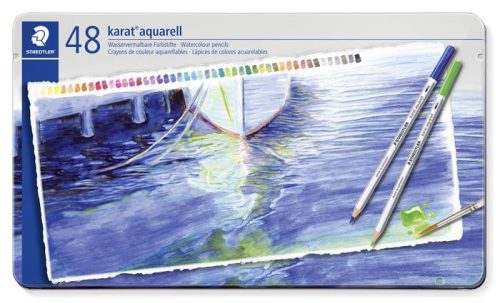 Akvarell ceruza készlet, hatszögletű, fém doboz, STAEDTLER "Karat® aquarell 125", 48 különböző szín
