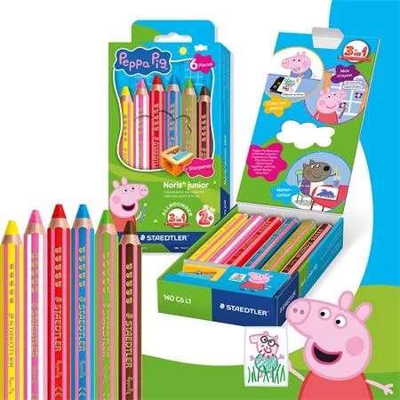Színes ceruza készlet, hatszögletű, jumbo, STAEDTLER „Noris® junior 140", Peppa malac, 6 szín