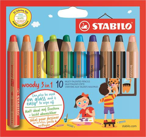 Színes ceruza készlet, kerek, vastag, STABILO "Woody 3 in 1", 10 különböző szín