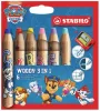 Színesceruza készlet, kerek, vastag, hegyezővel, STABILO "Woody 3 in 1", Mancs őrjárat, 6 különböző szín