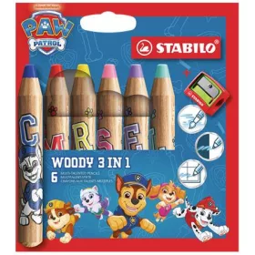   Színesceruza készlet, kerek, vastag, hegyezővel, STABILO "Woody 3 in 1", Mancs őrjárat, 6 különböző szín
