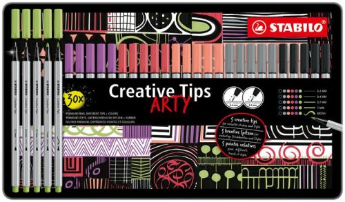 Tűfilc készlet, fém doboz, STABILO "Creative Tips ARTY", 6 különböző pasztell szín, 5 különböző vastagság