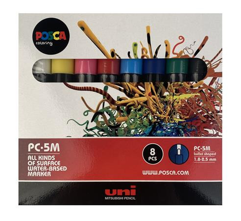 Dekormarker készlet, 1,8-2,5 mm, UNI "Posca PC-5M", 8 különböző szín