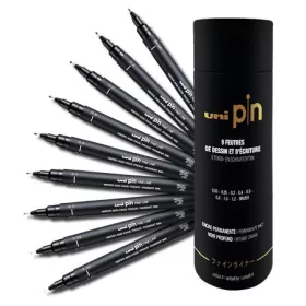   Rajzmarker készlet, UNI PIN "Tube", 9 különböző vonalvastagság, fekete