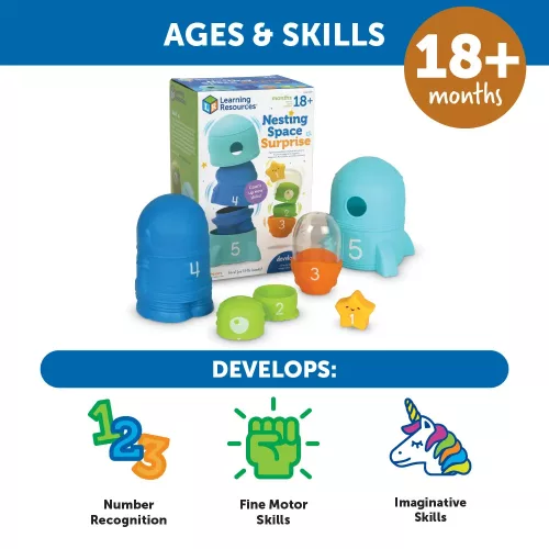Learning Resources Nesting Space Surprise – űrbarátok egymásba rakható készségfejlesztő játék, számolás 1–5-ig (18 hó–3 év).​​