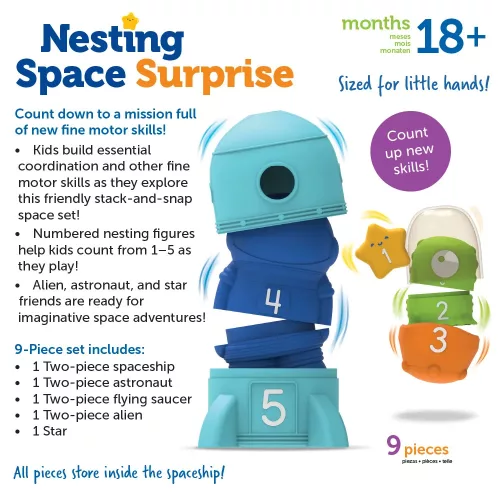 Learning Resources Nesting Space Surprise – űrbarátok egymásba rakható készségfejlesztő játék, számolás 1–5-ig (18 hó–3 év).​​