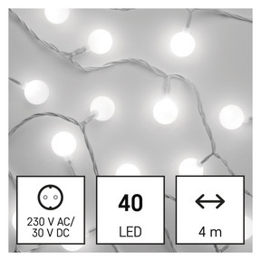 LED fényfüzér, cseresznye – golyók 2,5 cm, 4 m, kültéri és beltéri, hideg fehér, időzítő