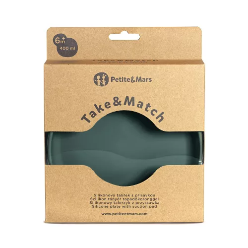 Petite&Mars Szilikon tányér tapadókoronggal, Take&Match, Misty Green, 6 hó+