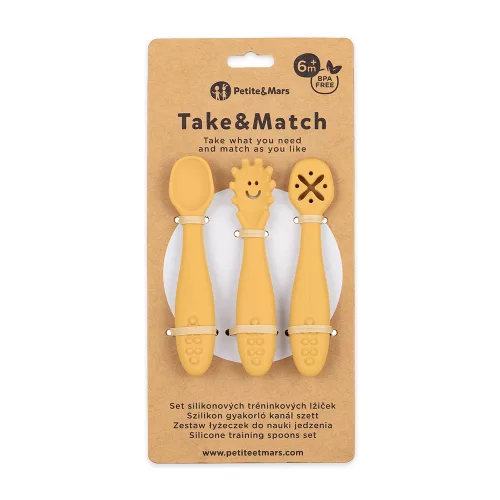 Petite&Mars Szilikon gyakorló kanál szett, 3 db, Take&Match, Intense Ochre, 6 hó+