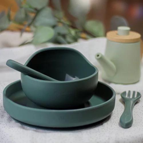 Petite&Mars Szilikon 2 részes étkészlet, tányér + evőeszközök, TAKE&MATCH, 6 hó+, Misty Green