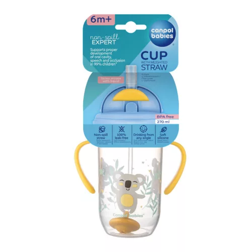 Canpol babies Súlyozott szívószálas cseppmentes itatópohár, 270ml, 6hó+, EXOTIC ANIMALS - sárga