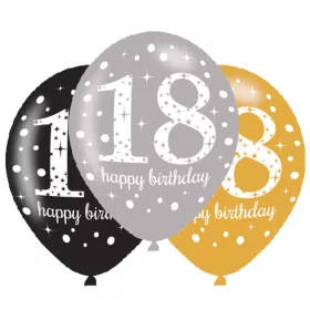   Happy Birthday 18 Gold léggömb, lufi 6 db-os 11 inch (27,5 cm)