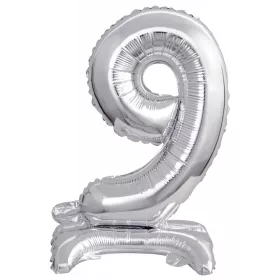 Ezüst Silver mini 9-es szám fólia lufi talppal 38 cm