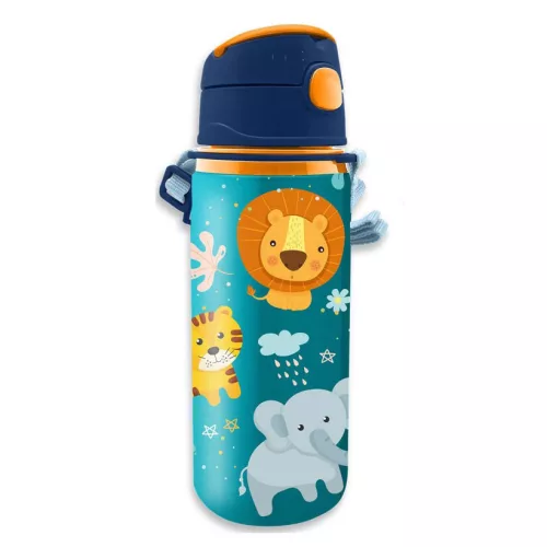 Állatos Jungle alumínium szívószálas kulacs akasztóval 600 ml