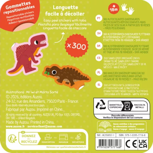 300 db-os matrica készlet fém dobozban, Dinoszauruszok Auzou