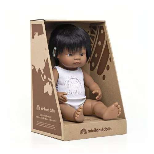 Baba, latin-amerikai fiú, hallókészülékkel, fehérneműben, 38 cm, Miniland, ML 31117