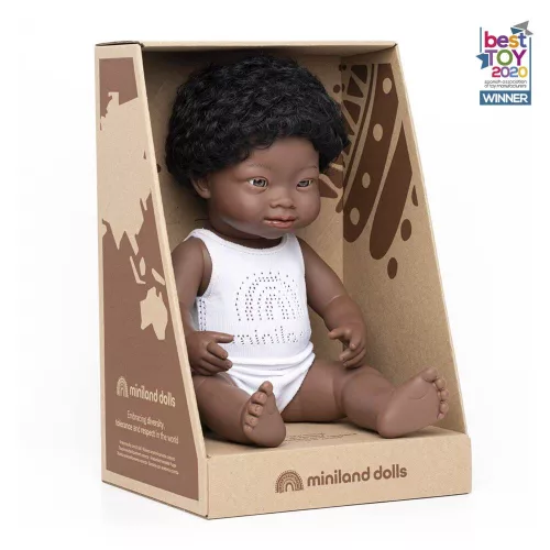 Baba, afrikai fiú, Down-szindrómás, fehérneműben, 38 cm, Miniland ML31175