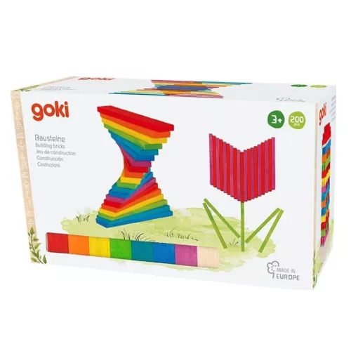 Építőhasábok, színes, 200 darabos, fa dobozban, GK58470 Goki