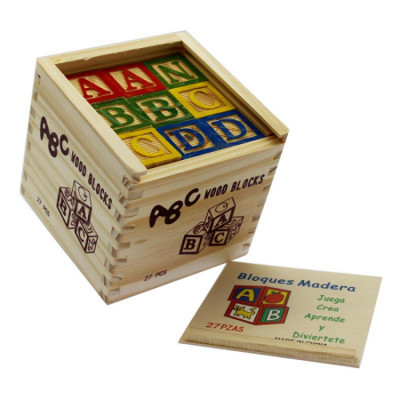 Fa ABC kocka klt., 27 db betű (angol ABC), 11x11 cm fa tartóban