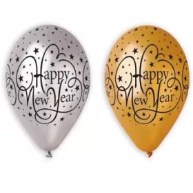 Happy New Year feliratos lufi csomag - 6 db-os, arany-ezüst