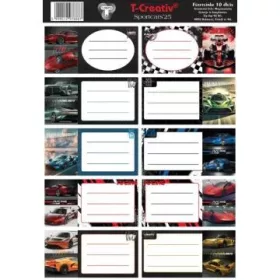T-Creativ: Sportautó mintás füzetcímke - 10 db