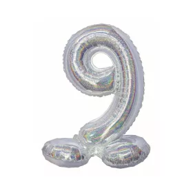   Ezüst Holographic Silver 9-es szám fólia lufi talppal 72 cm