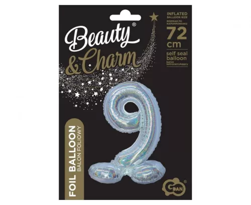 Ezüst Holographic Silver 9-es szám fólia lufi talppal 72 cm