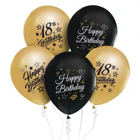   Happy Birthday 18 Gold-Black léggömb, lufi 5 db-os 12 inch (30 cm)
