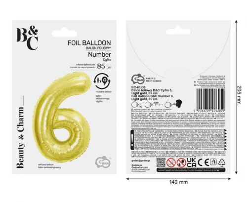 Arany 6-os Light Gold szám fólia lufi 85 cm
